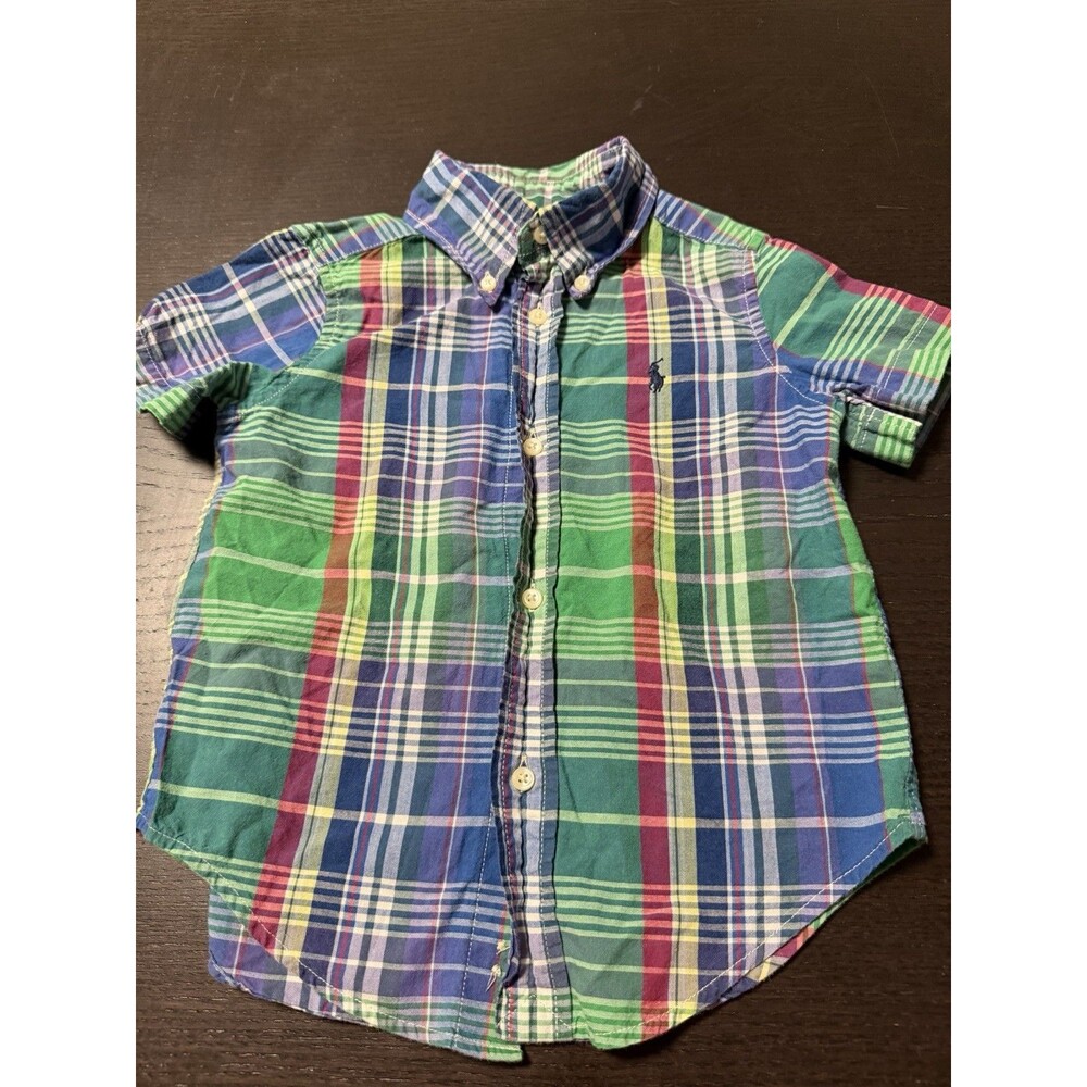 Ralph Lauren Shirt Boys 2/2T Blue Plaid Button Up Short Sleeve Pony Logo Casual